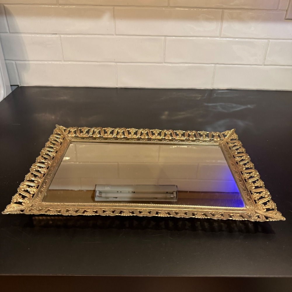 Vintage Matson Mirrored Vanity Tray Women Large Gold Filigree Ornate Rectangular